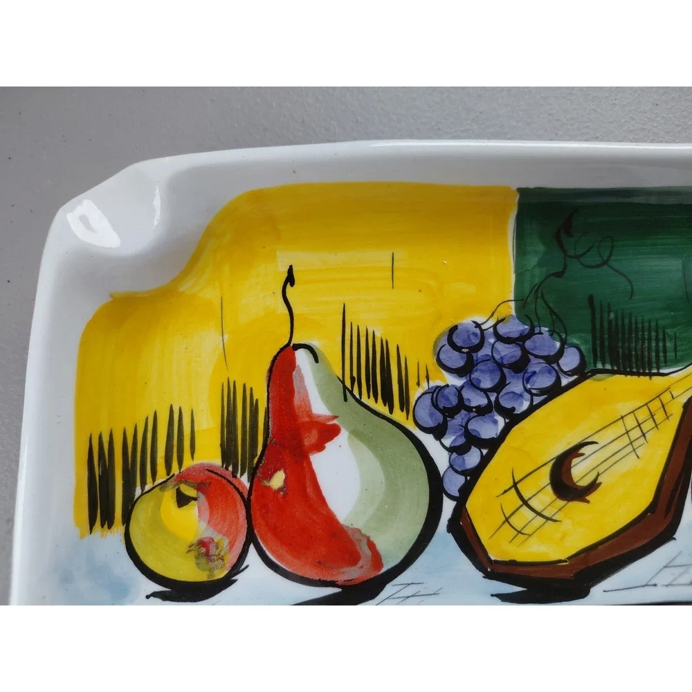 Vintage Italian Ceramic Tray Dish Hand Painted Fruit Music 70's MCM Signed Artsy - Picture 3 of 9